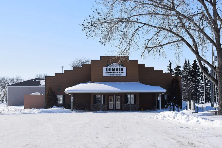 Small-town community hall in winter in rural Manitoba